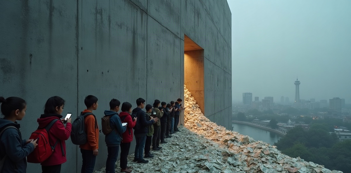 Children mesmerised on their phones outside a monolithic building with piles of cash streaming out of it.